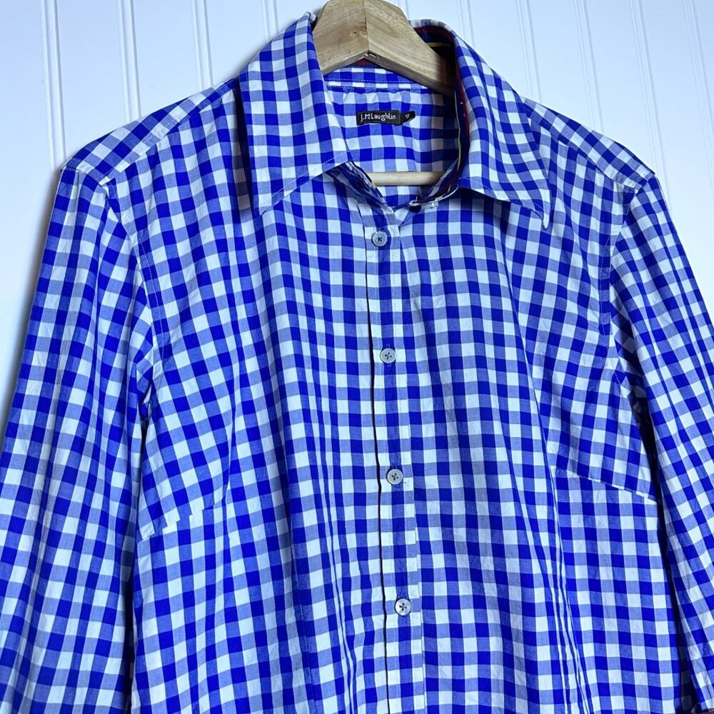 J. McLaughlin Women 12 Check Plaid White Blue Button Down Cotton Casual Shirt - Picture 3 of 8